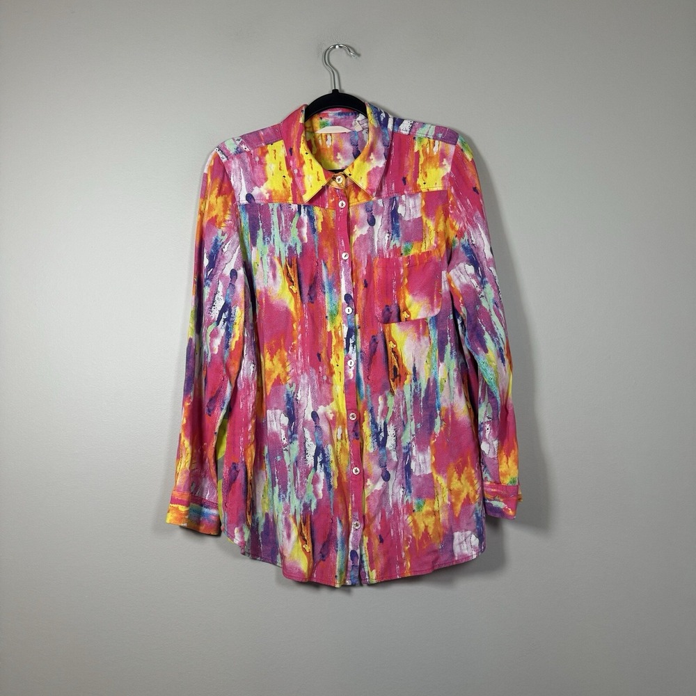 Soft Surroundings Large Button Down Shirt Multi Color Long Sleeve Embellished